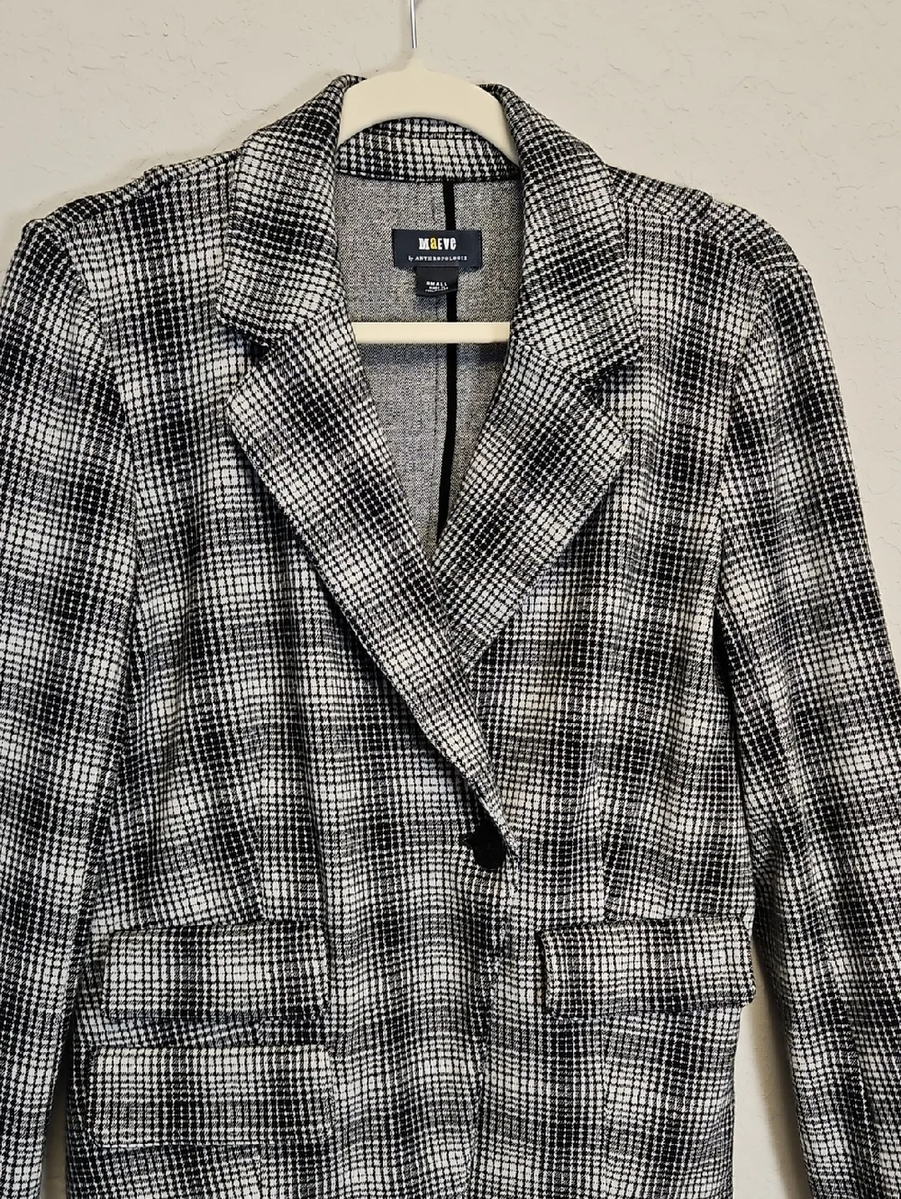 Maeve By Anthropologie Stretch Knit Black White Plaid Motif Blazer Jacket, Small